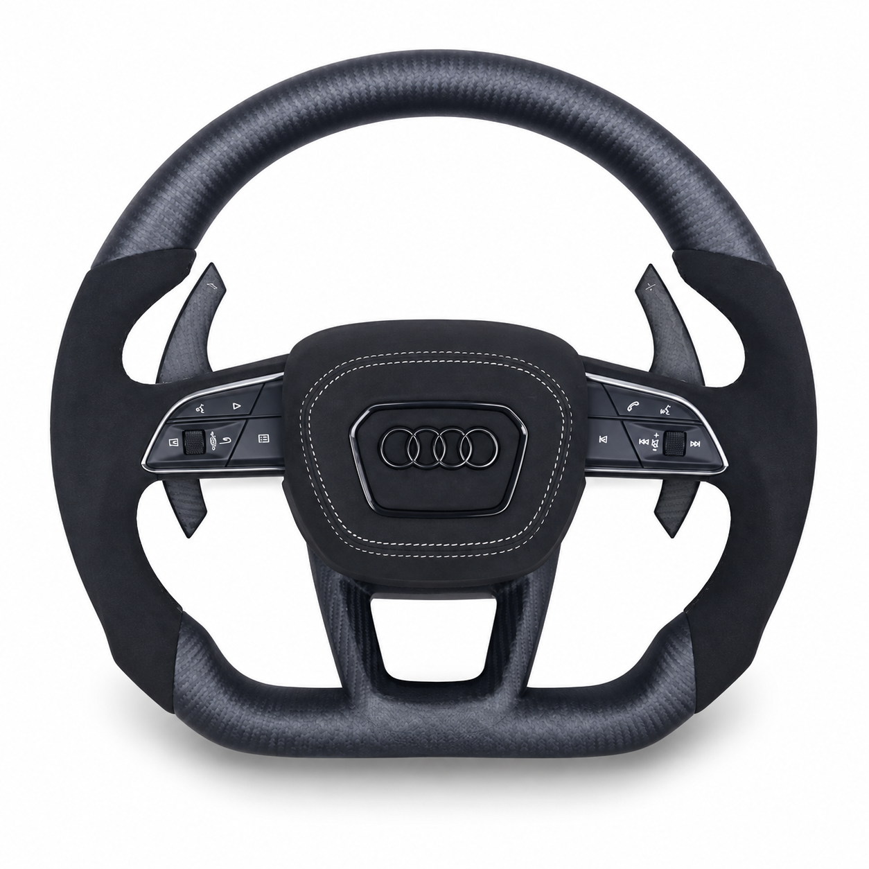 Audi square-airbag sports-style wheel — edited product illustration; optional materials and paddles shown